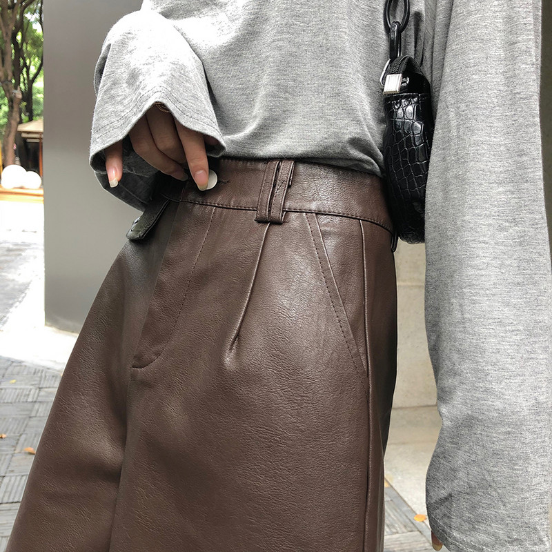 QOERLIN PU bermude za žene Kratke hlače od umjetne kože Elegantne kratke hlače visokog struka Ulična odjeća Ženske hlače s džepovima