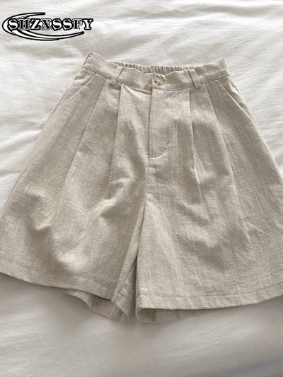 Penkių taškų šortai moteriški aukštu juosmeniu medvilniniai lininiai tvirti laisvi moteriški sportiniai šortai, moteriški vasariniai bridžai su elastiniu juosmeniu