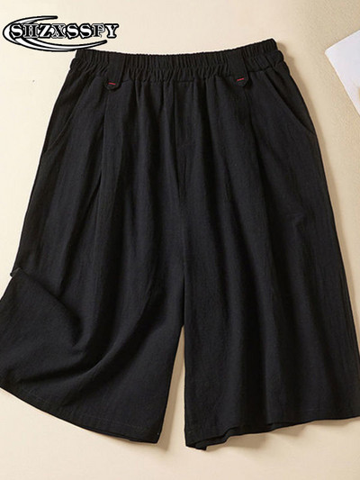 Penkių taškų šortai moteriški aukštu juosmeniu medvilniniai lininiai tvirti laisvi moteriški sportiniai šortai, moteriški vasariniai bridžai su elastiniu juosmeniu