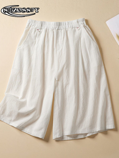 Penkių taškų šortai moteriški aukštu juosmeniu medvilniniai lininiai tvirti laisvi moteriški sportiniai šortai, moteriški vasariniai bridžai su elastiniu juosmeniu