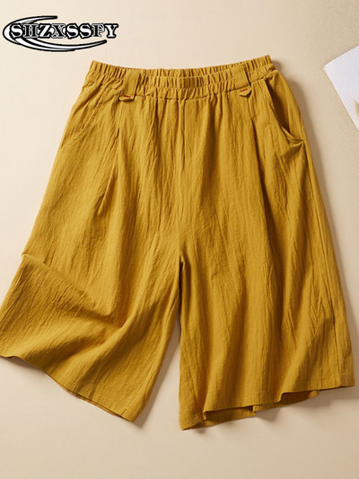 Penkių taškų šortai moteriški aukštu juosmeniu medvilniniai lininiai tvirti laisvi moteriški sportiniai šortai, moteriški vasariniai bridžai su elastiniu juosmeniu