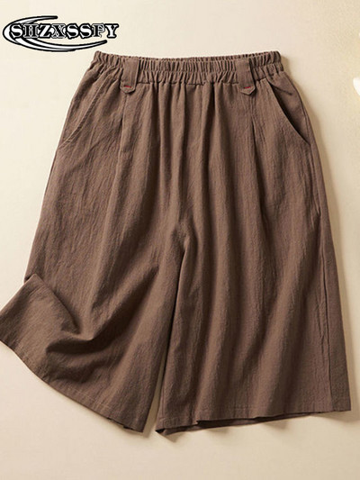 Penkių taškų šortai moteriški aukštu juosmeniu medvilniniai lininiai tvirti laisvi moteriški sportiniai šortai, moteriški vasariniai bridžai su elastiniu juosmeniu