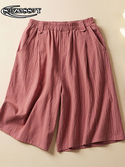 Penkių taškų šortai moteriški aukštu juosmeniu medvilniniai lininiai tvirti laisvi moteriški sportiniai šortai, moteriški vasariniai bridžai su elastiniu juosmeniu