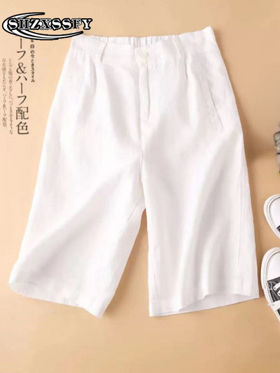 Penkių taškų šortai moteriški aukštu juosmeniu medvilniniai lininiai tvirti laisvi moteriški sportiniai šortai, moteriški vasariniai bridžai su elastiniu juosmeniu