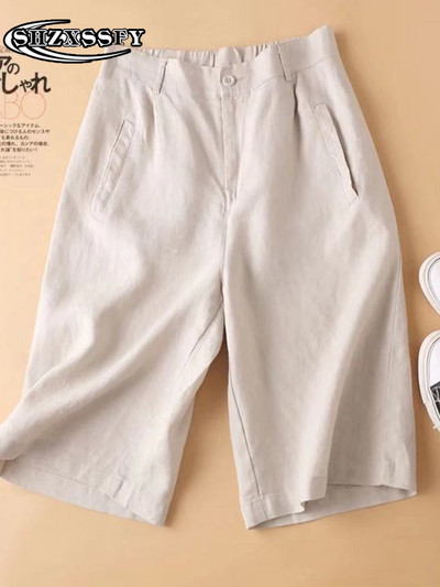 Penkių taškų šortai moteriški aukštu juosmeniu medvilniniai lininiai tvirti laisvi moteriški sportiniai šortai, moteriški vasariniai bridžai su elastiniu juosmeniu