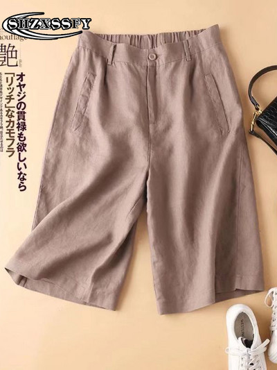 Penkių taškų šortai moteriški aukštu juosmeniu medvilniniai lininiai tvirti laisvi moteriški sportiniai šortai, moteriški vasariniai bridžai su elastiniu juosmeniu