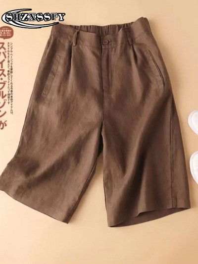 Penkių taškų šortai moteriški aukštu juosmeniu medvilniniai lininiai tvirti laisvi moteriški sportiniai šortai, moteriški vasariniai bridžai su elastiniu juosmeniu