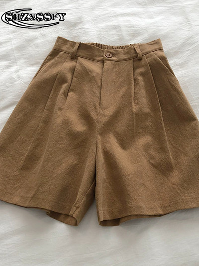 Penkių taškų šortai moteriški aukštu juosmeniu medvilniniai lininiai tvirti laisvi moteriški sportiniai šortai, moteriški vasariniai bridžai su elastiniu juosmeniu