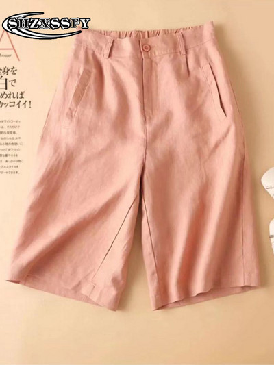 Penkių taškų šortai moteriški aukštu juosmeniu medvilniniai lininiai tvirti laisvi moteriški sportiniai šortai, moteriški vasariniai bridžai su elastiniu juosmeniu