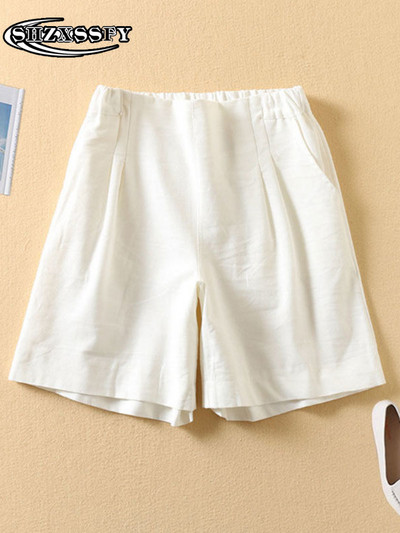 Penkių taškų šortai moteriški aukštu juosmeniu medvilniniai lininiai tvirti laisvi moteriški sportiniai šortai, moteriški vasariniai bridžai su elastiniu juosmeniu
