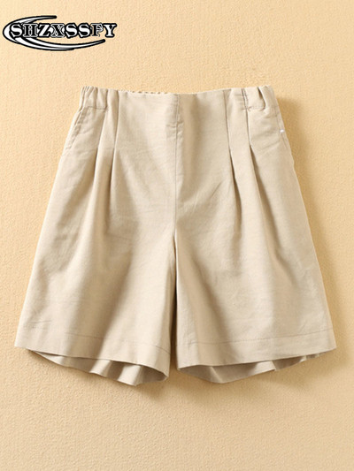 Penkių taškų šortai moteriški aukštu juosmeniu medvilniniai lininiai tvirti laisvi moteriški sportiniai šortai, moteriški vasariniai bridžai su elastiniu juosmeniu