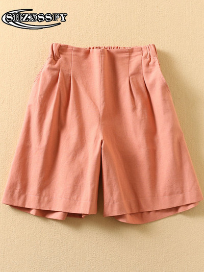 Penkių taškų šortai moteriški aukštu juosmeniu medvilniniai lininiai tvirti laisvi moteriški sportiniai šortai, moteriški vasariniai bridžai su elastiniu juosmeniu