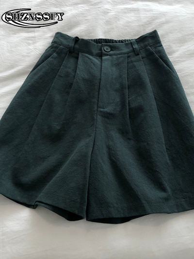 Penkių taškų šortai moteriški aukštu juosmeniu medvilniniai lininiai tvirti laisvi moteriški sportiniai šortai, moteriški vasariniai bridžai su elastiniu juosmeniu