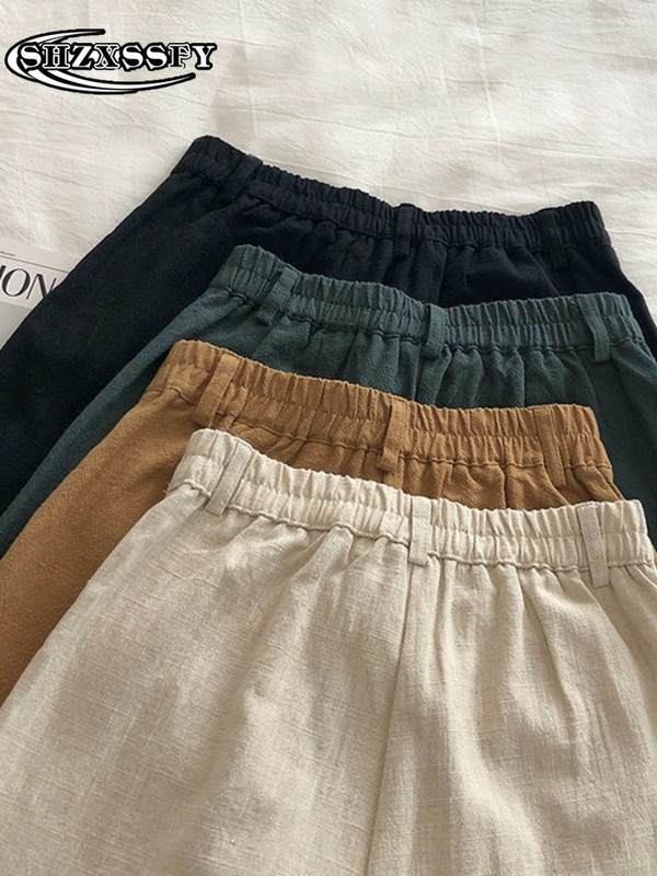 Penkių taškų šortai moteriški aukštu juosmeniu medvilniniai lininiai tvirti laisvi moteriški sportiniai šortai, moteriški vasariniai bridžai su elastiniu juosmeniu