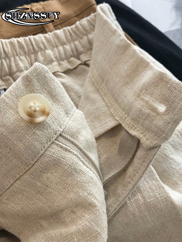 Penkių taškų šortai moteriški aukštu juosmeniu medvilniniai lininiai tvirti laisvi moteriški sportiniai šortai, moteriški vasariniai bridžai su elastiniu juosmeniu