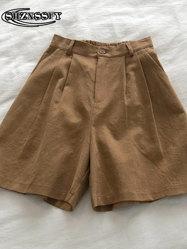 Penkių taškų šortai moteriški aukštu juosmeniu medvilniniai lininiai tvirti laisvi moteriški sportiniai šortai, moteriški vasariniai bridžai su elastiniu juosmeniu