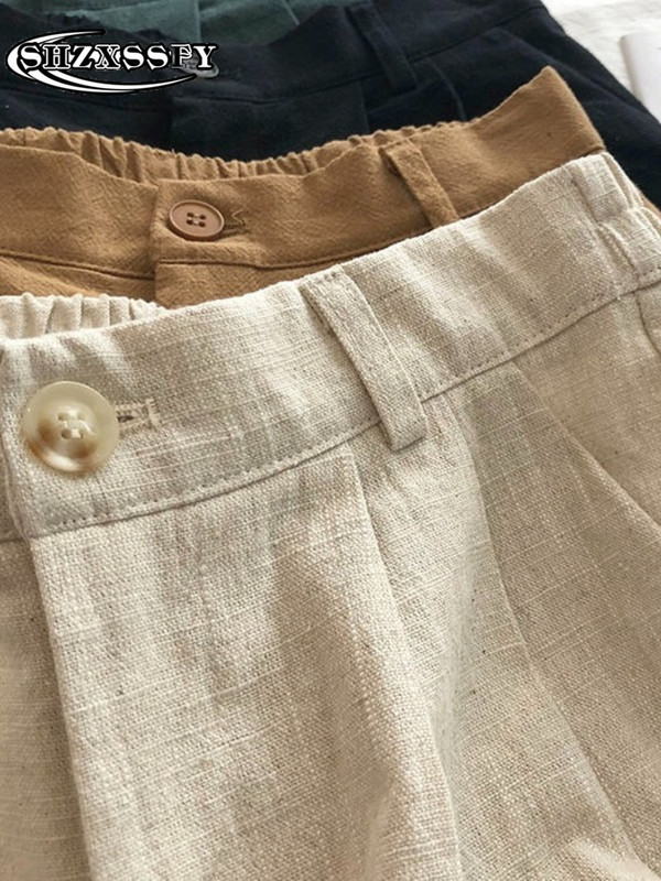 Penkių taškų šortai moteriški aukštu juosmeniu medvilniniai lininiai tvirti laisvi moteriški sportiniai šortai, moteriški vasariniai bridžai su elastiniu juosmeniu