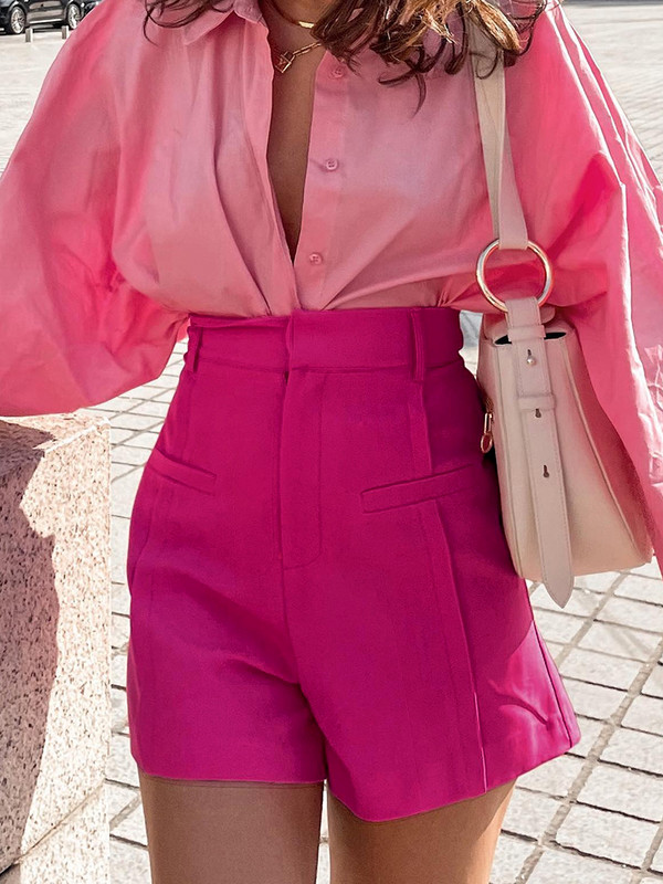 Mnealways18 aukšto liemens karštos kelnės šortams Rožinės rožinės plačios kojos šortai moteriški Vasaros High Street Lady Plisuoti šortai, tinkantys