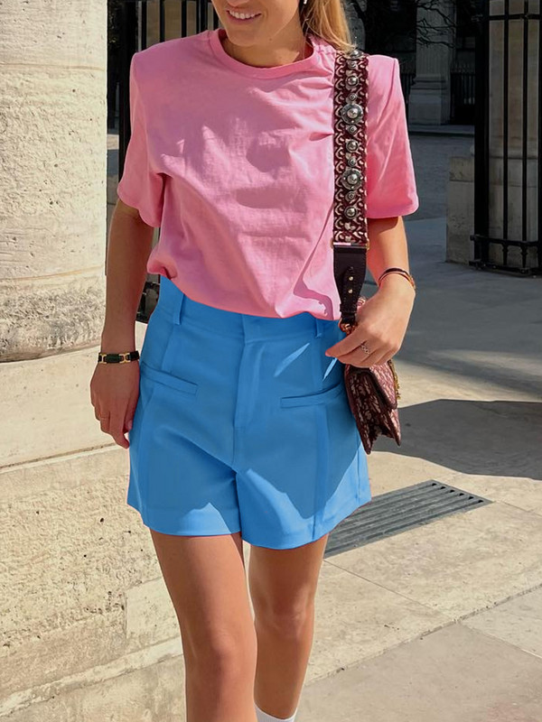 Mnealways18 aukšto liemens karštos kelnės šortams Rožinės rožinės plačios kojos šortai moteriški Vasaros High Street Lady Plisuoti šortai, tinkantys