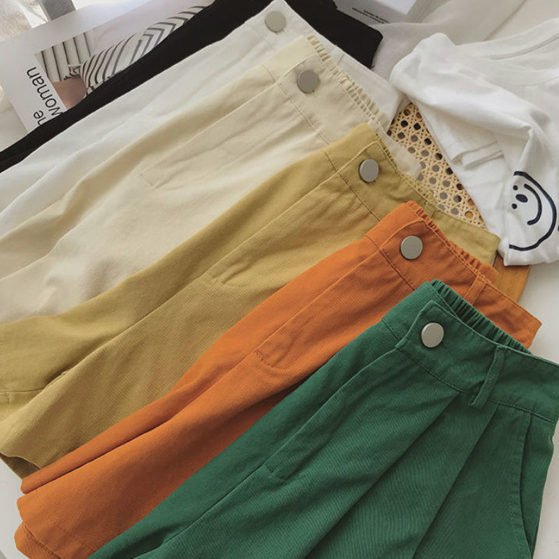 Naiste lühikesed püksid, suvised lihtsad kommivärvid kõrge vöökohaga lai jalg kottis Mugavad soliidsed taskud õpilaste tänavariided magusad mugavusnööbid uus