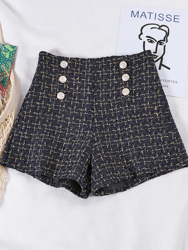 LY VAREY LIN Nauji pavasario rudens šortai su dviguba krūtine, moteriški tvidiniai šortai Retro aukšto juosmens moteriški madingi juodi šortai
