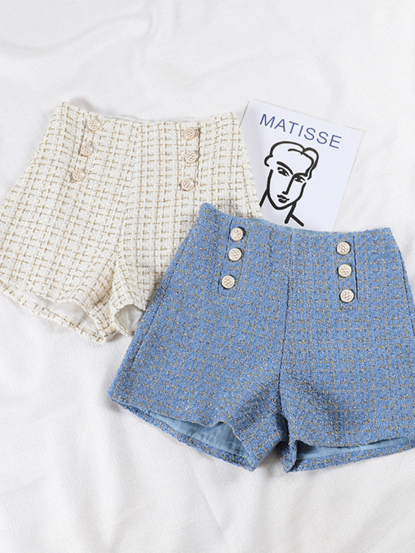 LY VAREY LIN Nauji pavasario rudens šortai su dviguba krūtine, moteriški tvidiniai šortai Retro aukšto juosmens moteriški madingi juodi šortai