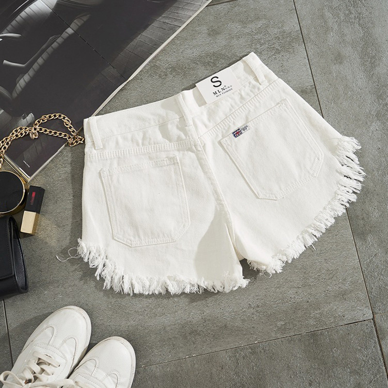 CamKemsey Letné biele džínsové šortky Dámske módne roztrhané diery manžetové strapce ležérne vysoké pásové čierne džínsy sexi šortky