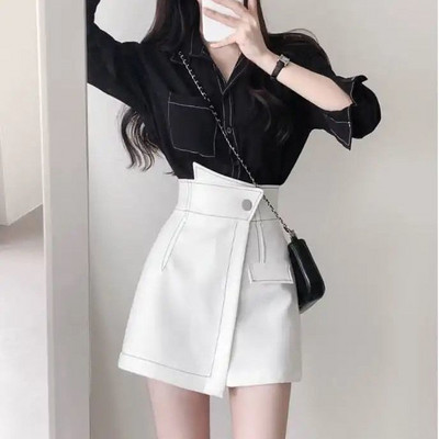 Női rövidnadrág, magas derekú, aszimmetrikus, szabadidő Patchwork főiskolai hallgatók érkezése dizájn koreai stílusú iroda Lady Chic