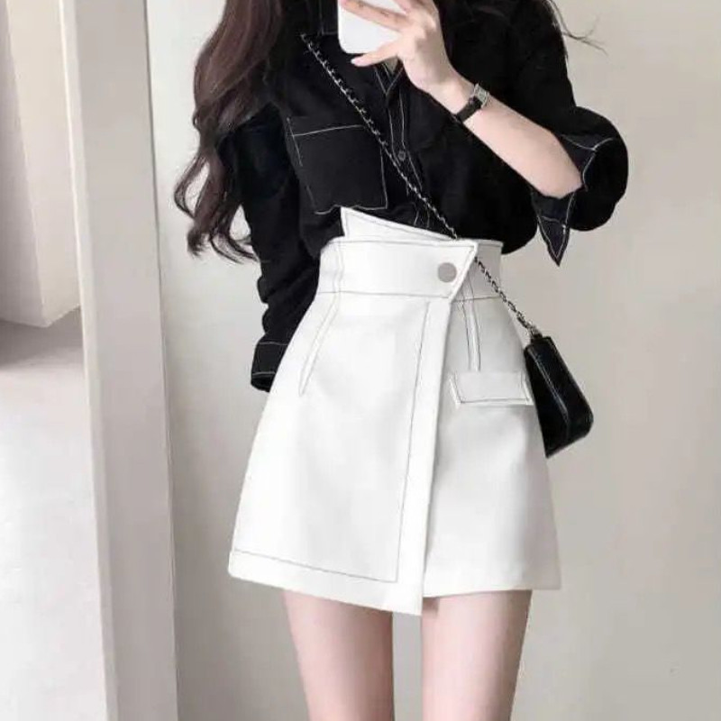 Női rövidnadrág, magas derekú, aszimmetrikus, szabadidő Patchwork főiskolai hallgatók érkezése dizájn koreai stílusú iroda Lady Chic