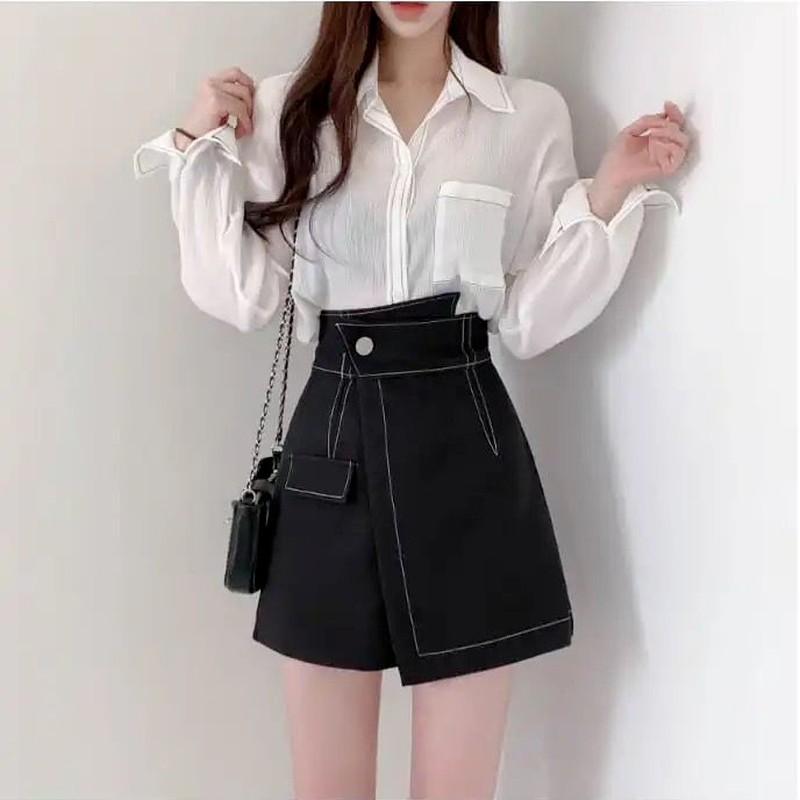 Női rövidnadrág, magas derekú, aszimmetrikus, szabadidő Patchwork főiskolai hallgatók érkezése dizájn koreai stílusú iroda Lady Chic