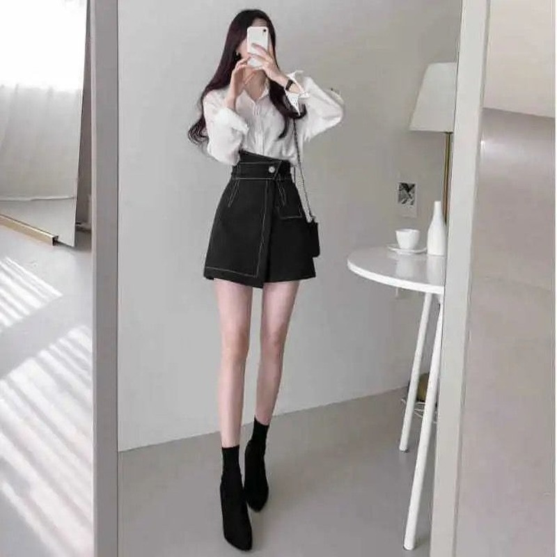 Női rövidnadrág, magas derekú, aszimmetrikus, szabadidő Patchwork főiskolai hallgatók érkezése dizájn koreai stílusú iroda Lady Chic