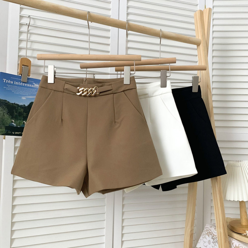 2022 m. Nauja vasaros mada Visiškai tinka vienspalviai šortai metalinė grandinėlė aukštu juosmeniu plonas kostiumas šortai laisvalaikio plačios kojos šortai