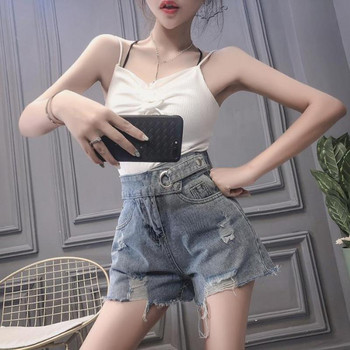 2021 Super Hot Jeans Γυναικεία Καλοκαίρι Νέα Κορεάτικη μόδα Ευέλικτο σορτς με ψηλόμεσο διάτρητο τσέρκι Παντελόνι trend Lady Short