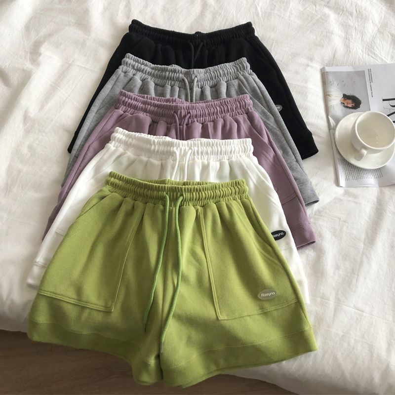 Egyszínű rövidnadrág női magas derekú feszes sport bő koreai változat hétköznapi, széles szárú női rövidnadrág nyári molett