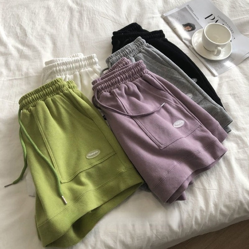 Egyszínű rövidnadrág női magas derekú feszes sport bő koreai változat hétköznapi, széles szárú női rövidnadrág nyári molett