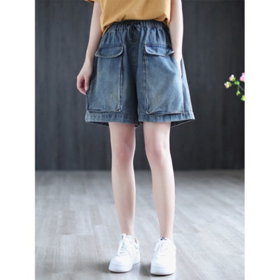 Naiste teksapüksid, suur tasku, ülisuured vintage laia säärega lühikesed püksid, naiste suve vabaaja elastse vöökohaga teksapüksid 2021