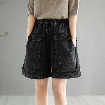 Naiste teksapüksid, suur tasku, ülisuured vintage laia säärega lühikesed püksid, naiste suve vabaaja elastse vöökohaga teksapüksid 2021