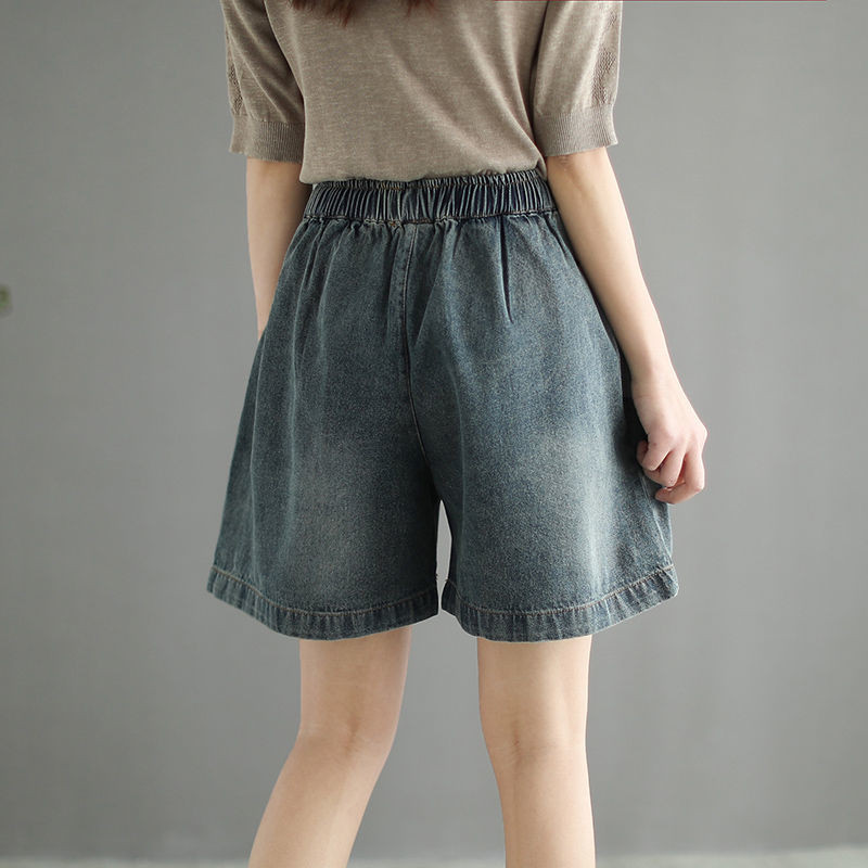 Naiste teksapüksid, suur tasku, ülisuured vintage laia säärega lühikesed püksid, naiste suve vabaaja elastse vöökohaga teksapüksid 2021