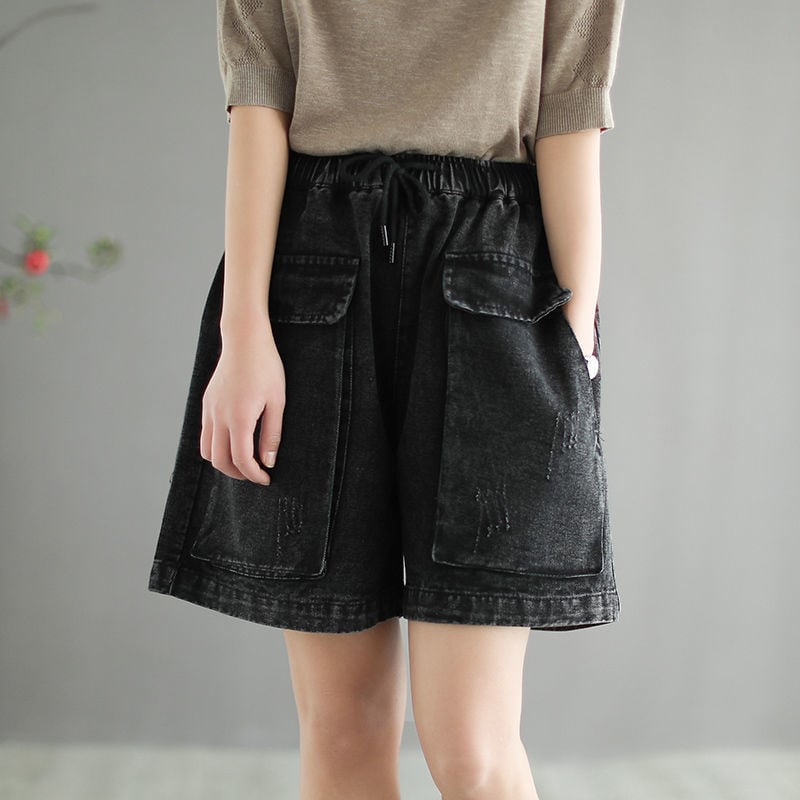 Naiste teksapüksid, suur tasku, ülisuured vintage laia säärega lühikesed püksid, naiste suve vabaaja elastse vöökohaga teksapüksid 2021