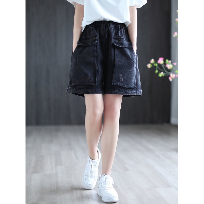 Naiste teksapüksid, suur tasku, ülisuured vintage laia säärega lühikesed püksid, naiste suve vabaaja elastse vöökohaga teksapüksid 2021