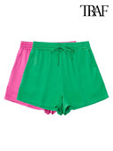 TRAF Ženske modne zelene kratke hlače s bočnim džepovima Vintage visokog elastičnog struka s uzicom Ženske kratke hlače Mujer