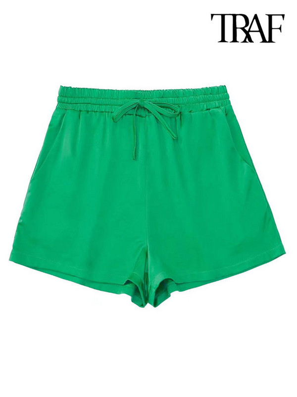 TRAF Ženske modne zelene kratke hlače s bočnim džepovima Vintage visokog elastičnog struka s uzicom Ženske kratke hlače Mujer