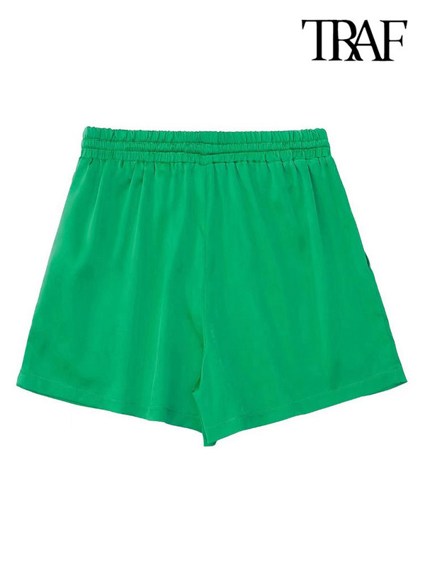 TRAF Ženske modne zelene kratke hlače s bočnim džepovima Vintage visokog elastičnog struka s uzicom Ženske kratke hlače Mujer
