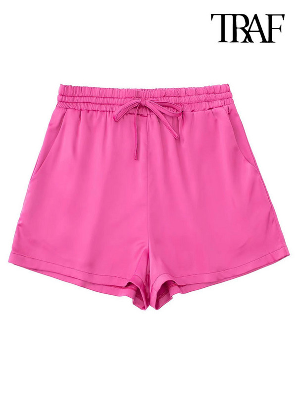 TRAF Ženske modne zelene kratke hlače s bočnim džepovima Vintage visokog elastičnog struka s uzicom Ženske kratke hlače Mujer