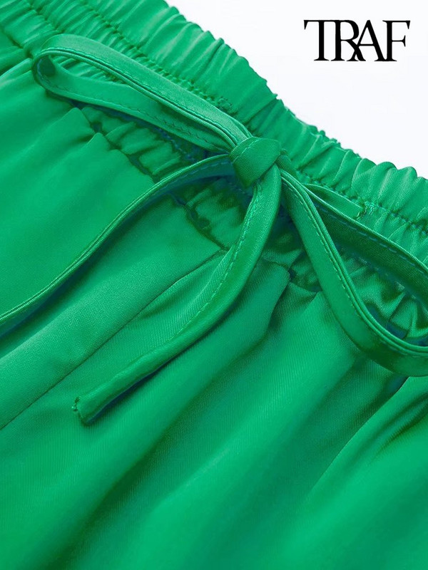 TRAF Ženske modne zelene kratke hlače s bočnim džepovima Vintage visokog elastičnog struka s uzicom Ženske kratke hlače Mujer