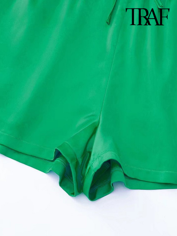 TRAF Ženske modne zelene kratke hlače s bočnim džepovima Vintage visokog elastičnog struka s uzicom Ženske kratke hlače Mujer