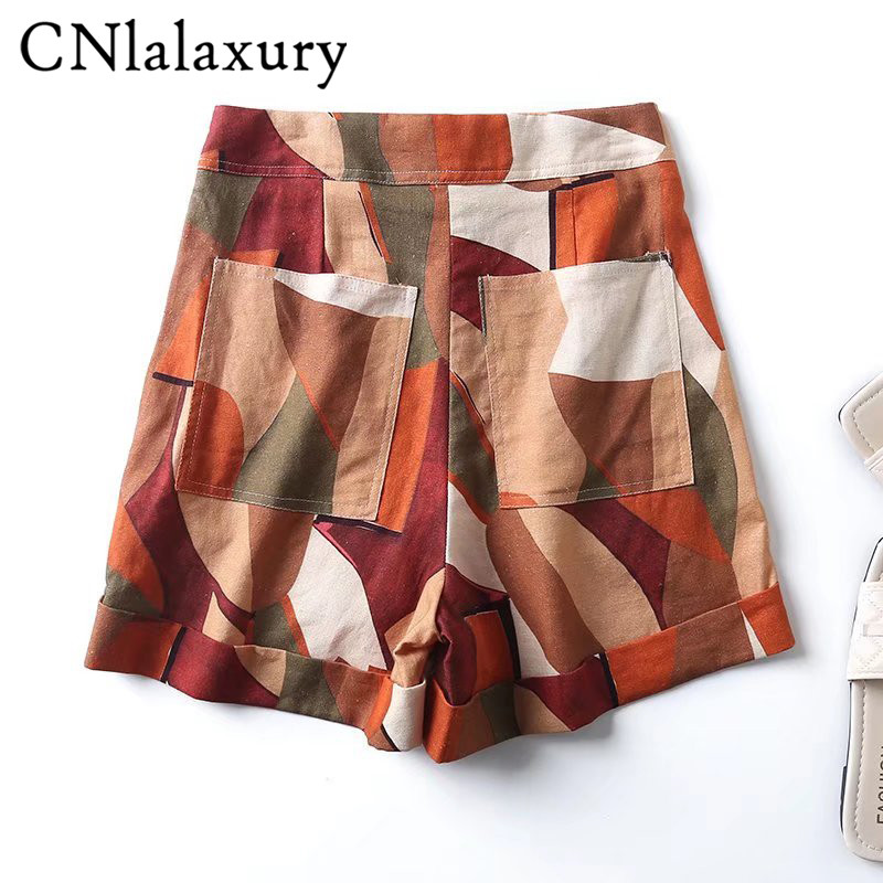 CNlaxury Summer Woman új, vintage nyomtatású magas derekú rövidnadrág vászonkeverék Frenulum szabadidő zseb rövidnadrág női elegáns alsó