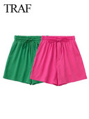 TRAF Moteriški trumpi laisvalaikio vienspalviai paprasti elastiniai juosmens kelnės raišteliai Laisvos gatvės kasdienės paplūdimio mados vasaros moteriški drabužiai