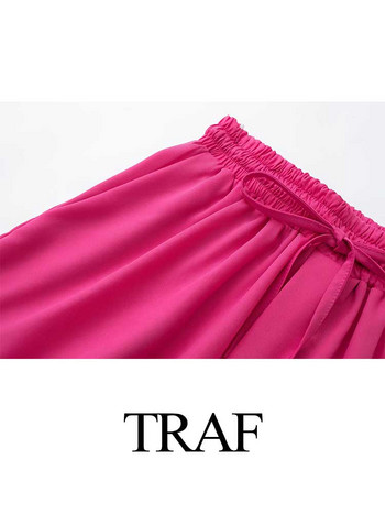 TRAF Γυναικείο κοντό καθημερινό μονόχρωμο παντελόνι με ελαστική μέση με κορδόνι χαλαρό Street Daily Beach Καλοκαιρινά γυναικεία ρούχα