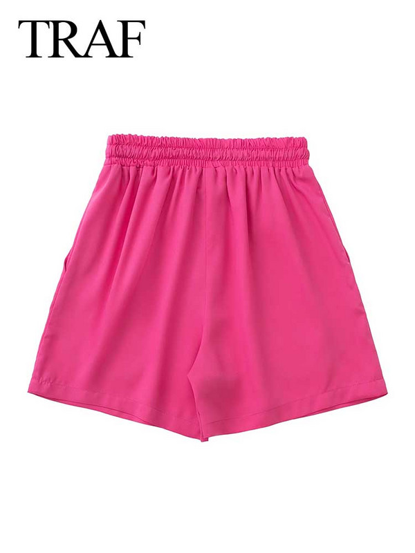 TRAF Moteriški trumpi laisvalaikio vienspalviai paprasti elastiniai juosmens kelnės raišteliai Laisvos gatvės kasdienės paplūdimio mados vasaros moteriški drabužiai
